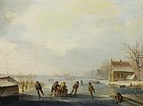 Jacobus Van Der Stok Skaters on a frozen waterway painting